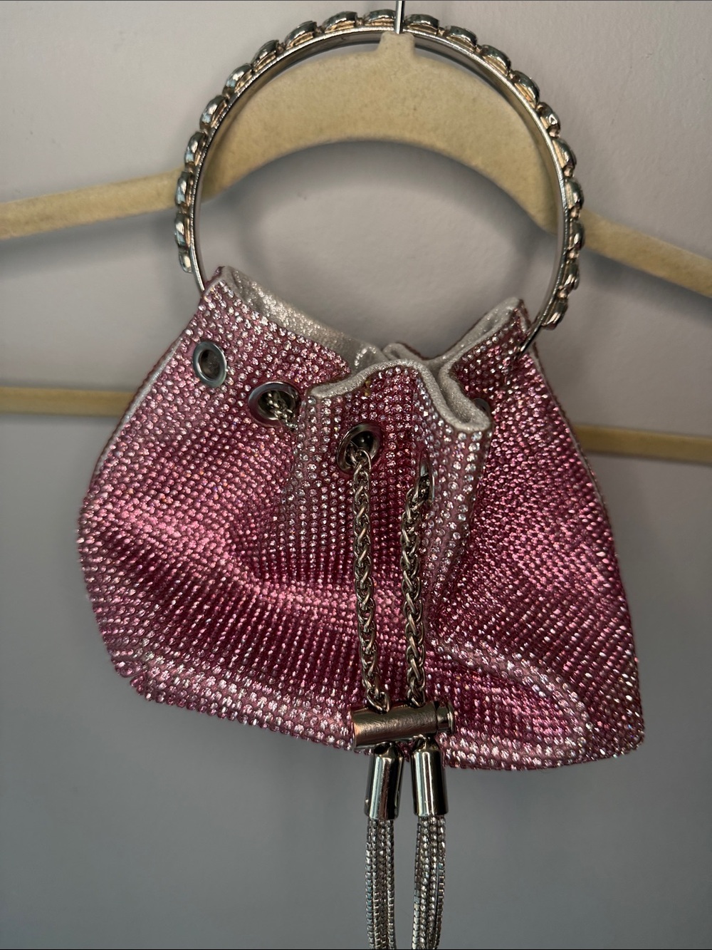 Pink Rhinestone Mini Drawstring Wristlet Bag - Women